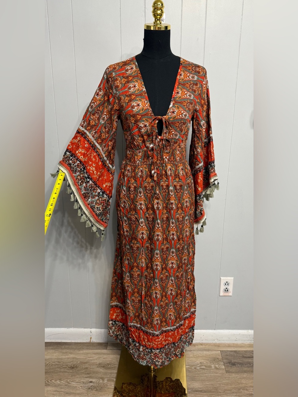 NWT Bohemian Tie-Front Maxi Dress in Rust Paisley